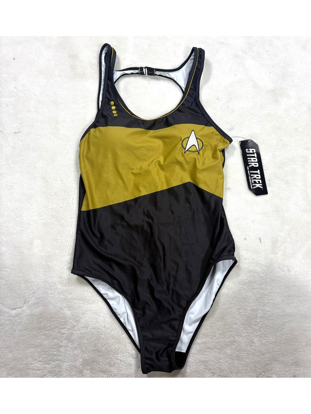 ThinkGeek Star Trek TNG Womens One Piece Swimsuit Command Gold Black NWT Cosplay